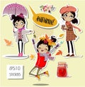 Set with cute autumn cartoon girl