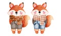 Set of cute autumn foxes illustrations.Watercolor clipart of a cute foxes in an colorful vintage autumn clothes Royalty Free Stock Photo