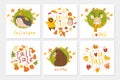 Set of 6 cute autumn postcards with animals Royalty Free Stock Photo