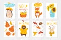 Set of 8 cute autumn postcards with animals Royalty Free Stock Photo