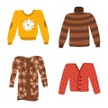 Set of cute autumn sweaters, jumpers and cardigans for cold weather. Bundle of knitted woolen warm clothing with various prints