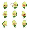 Set of cute avocado cartoon characters with various activities and emotions