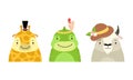 Set of Cute Baby Animals in Headdresses, Lovely Giraffe, Dinosaur, Bull in Stylish Headgears Cartoon Vector Illustration