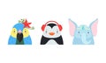 Set of Cute Baby Animals in Headdresses, Lovely Parrot, Penguin, Elephant in Headgears Cartoon Vector Illustration Royalty Free Stock Photo