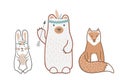 Set of cute baby animals in Scandinavian style. Wild child friends - bear, bunny, and fox. Cute hand drawn nursery