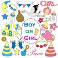 set of cute baby badges for congratulations on the birth of boy or girl. Items and accessories for newborns, clothes, toys,