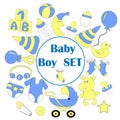 set of cute baby badges for newborns. The birth of boy. The first details of the children\'s wardrobe for boys, items and Royalty Free Stock Photo