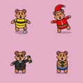 Set Of Cute Baby Bear Character With Various Poses. Football, Christmas, Boss and Bring Tea Cup. Royalty Free Stock Photo