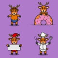 Set Of Cute Baby Deer Character With Various Poses. Wearing Helmet, on Donuts, christmas and chef. Royalty Free Stock Photo