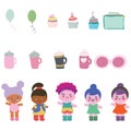 Set of cute baby dolls with baloons, cups, cupcakes, glasses