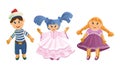 Set of cute baby dolls in different clothes and with varied hairstyles. Vector illustration in flat cartoon style.