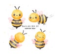 Set of Cute baby honey bee watercolor cartoon character hand painting illustration vector Royalty Free Stock Photo