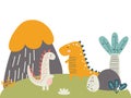 Set of cute baby jurassic dinosaurs, egg, leaf, volcano. Childish prehistoric dino paleontology. Brontosaurus