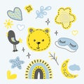 Set of cute baby and kids graphics, illustrations in modern style. Rainbow, cloud, star, bear and sleep mask, bird in