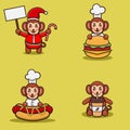 Set Of Cute Baby Monkey Character With Various Poses. Christmas, Chef On Burger, Hot Dog and On Coffee Cup.