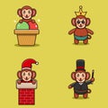 Set Of Cute Baby Monkey Character With Various Poses. On Ice Cream, Chinmey, Wearing Crown, and Magician costume. Royalty Free Stock Photo