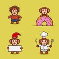 Set Of Cute Baby Monkey Character With Various Poses. Wearing Helmet, on Donuts, christmas and chef. Royalty Free Stock Photo