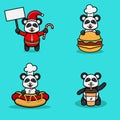 Set Of Cute Baby Panda Character With Various Poses. Christmas, Chef On Burger, Hot Dog and On Coffee Cup.