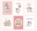 Set of cute baby shower cards with funny mice characters and holiday elements: air balloon, gift boxes, candles.