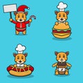 Set Of Cute Baby Tiger Character With Various Poses. Christmas, Chef On Burger, Hot Dog and On Coffee Cup.