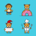 Set Of Cute Baby Tiger Character With Various Poses. Wearing Helmet, on Donuts, christmas and chef. Royalty Free Stock Photo
