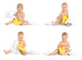 Set with cute baby, towel and toy duck Royalty Free Stock Photo