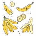 Set of cute bananas in cartoon doodle style isolated on white background. Vector color illustration. Whole, peeled, sliced bananas Royalty Free Stock Photo