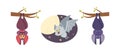 Set Cute Bats, Vampire Comic Animals, Halloween Characters, Cartoon Funny Personages with Smiling Muzzle Hang or Flying