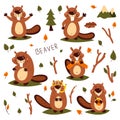 Set of cute beavers. Sticker. Children`s, funny. Cartoon comic book style vector illustration of forest wild animals Royalty Free Stock Photo