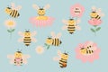 Set of cute bee in different poses. Collection of cartoon bees and chamomiles, flowers Royalty Free Stock Photo