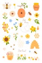 Set of cute bee honey elements isolated on white background. Vector graphics