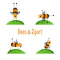 Set of cute bees doing sport exercises on hillock.