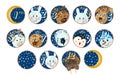 Set cute birthday baby stickers with animals deer, reindeer, bear, northern bear, walrus, penguin, dog