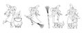 Set of cute black and white vector witches. Halloween characters icons collection. Funny autumn all saints eve coloring page with