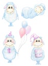 Set of cute blue cartoon character lamb hand drawn