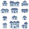 Set of cute blue hand drawn houses. Doodle art cliparts.