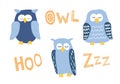 Set with Cute blue sleeping owls in cartoon style. Blue colors. With lettering. Good for children designs. Isolated