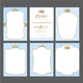 A set of cute blue templates for invitations. Vintage gold frame with crown. A little prince party.