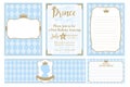 A set of cute blue templates for invitations, water bottles, wishes card. Royalty Free Stock Photo
