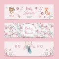 Set of cute boho with feather, flower,leaves,fox.Vector illustration for baby invitation, kid birthday invitation,banner and Royalty Free Stock Photo