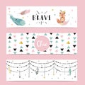 Set of cute boho with feather, flower,leaves,fox.Vector illustration for baby invitation, kid birthday invitation,banner and Royalty Free Stock Photo