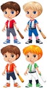 Set of cute boy baseball player cartoon character with diffrent hair colour