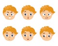 Set of cute boy faces with different emotions, joy, surprise, sadness, anger and doubt. Icons, cartoon illustration Royalty Free Stock Photo