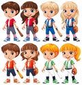 Set of cute boy and girl baseball player cartoon character with diffrent hair colour