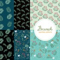 Set of 6 cute branch illustration seamless patterns for Christmas