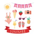 Set of cute bright summer icons: food, drinks, fruits, glasses, camera, swimsuit, sun. Bright summer poster. Collection