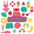 Set of cute bright summer icons: food, drinks, fruits, glasses, camera, swimsuit, sun. Bright summer poster. Collection