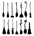 Set of cute broomstick silhouettes. Collection of Happy Halloween related icons - magic brooms. Cartoon images elements: witch or