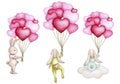 Set of Cute bunnies with a bunch of heart-shaped balloons. Love and friendship. Hand drawn watercolor.