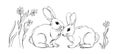 A set with cute bunnies on the grass hand-drawn doodle style, sketch. Silhouette with a black outline. Royalty Free Stock Photo